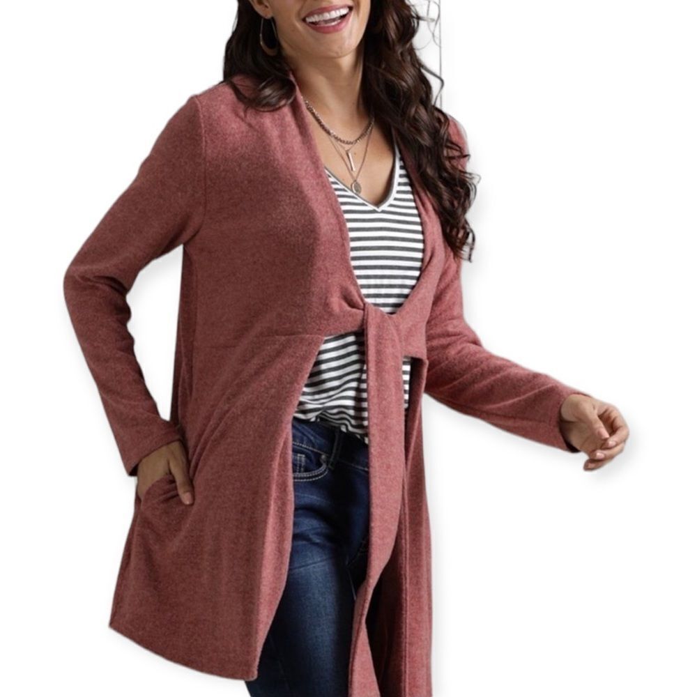 Brown Sash Waist Tie Pockets Mid Length Soft Knit Cardigan Sweater NEW